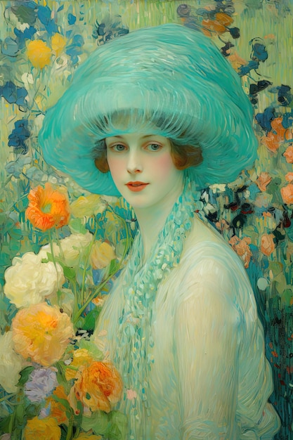 Foto una pintura de una mujer con un sombrero azul con flores delante de ella.