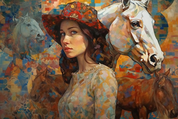 Una pintura de una mujer con sombrero y caballos.