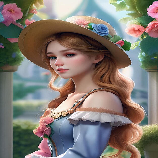una pintura de una mujer con un sombrero y una flor en el cabello