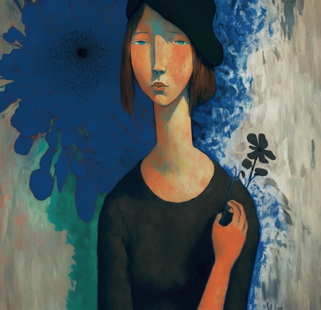 Una pintura de una mujer con un sombrero negro y una flor azul.