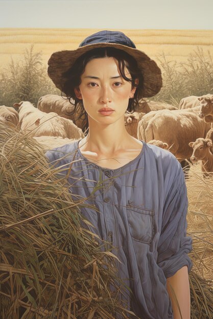 Foto una pintura de una mujer con un sombrero de paja y un sombrerito de paja con un rebaño de ovejas en el fondo