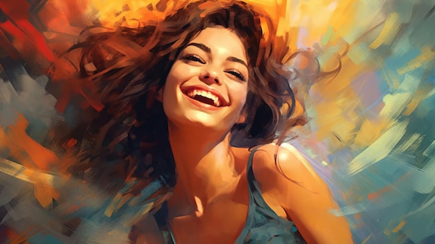 Una pintura de una mujer sonriendo con un fondo amarillo.