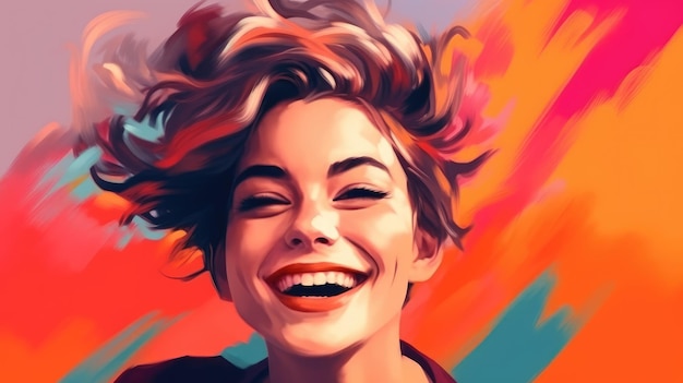 Una pintura de una mujer sonriente con un fondo colorido.