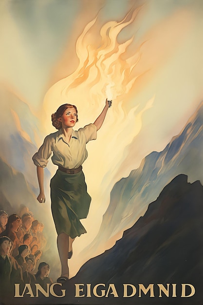 una pintura de una mujer sosteniendo una antorcha y un fuego en el cielo