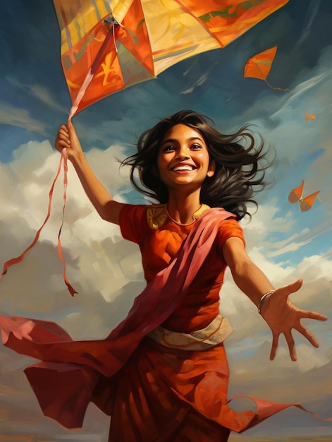 Una pintura de una mujer sosteniendo una cometa con las palabras " volar " en ella.
