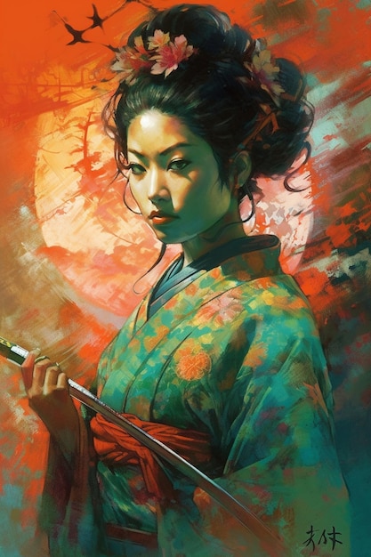 Una pintura de una mujer sosteniendo una espada.