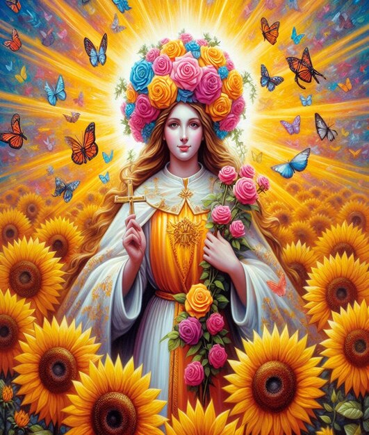 Foto una pintura de una mujer sosteniendo flores y mariposas