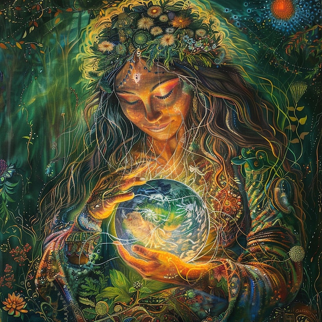 una pintura de una mujer sosteniendo un globo con la palabra mundo en él