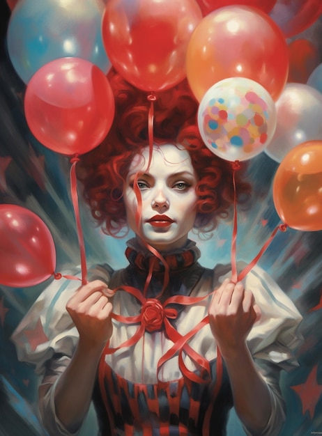 Una pintura de una mujer sosteniendo globos frente a ella.