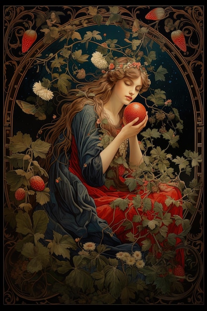 una pintura de una mujer sosteniendo una manzana y una manzana