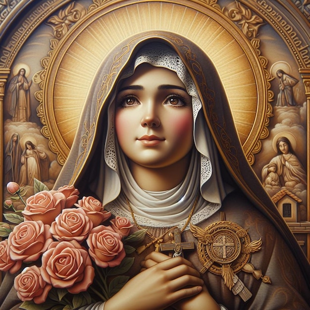 Foto una pintura de una mujer sosteniendo un ramo de rosas