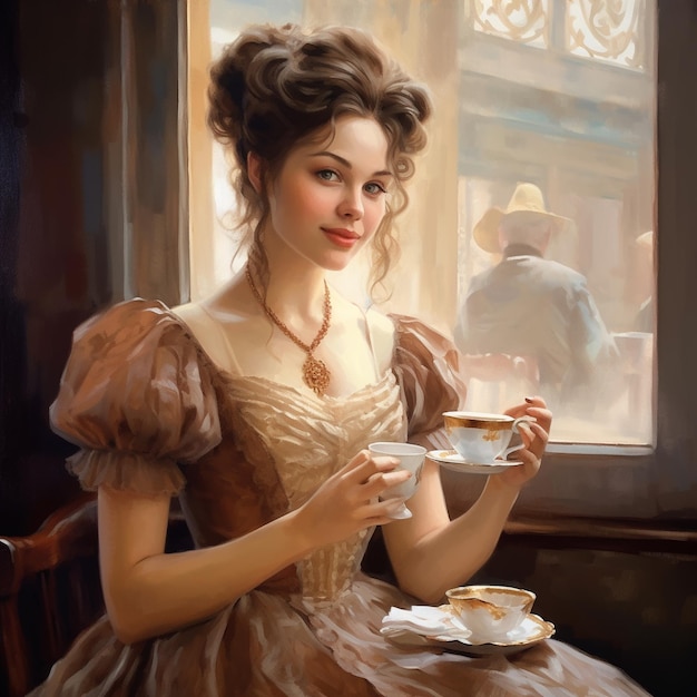 una pintura de una mujer sosteniendo una taza de té y un platillo