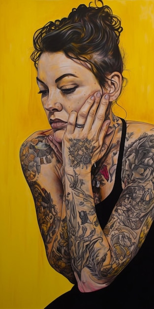 Una pintura de una mujer con tatuajes en los brazos.