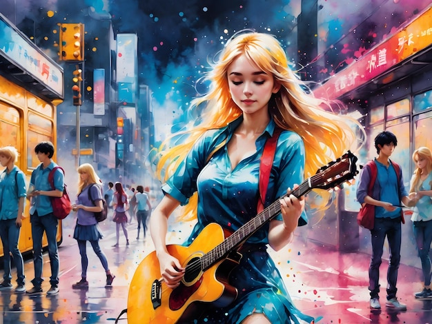 una pintura de una mujer tocando una guitarra en una calle de la ciudad