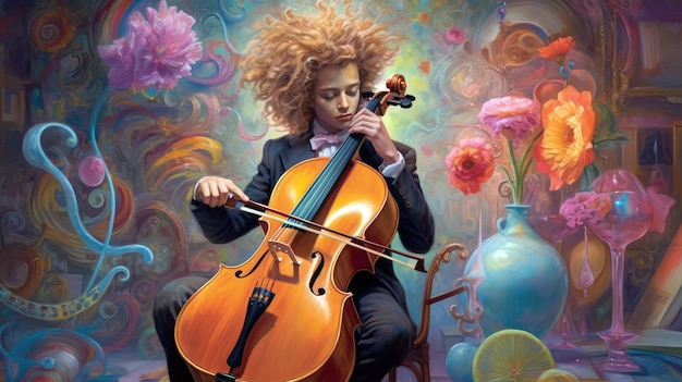 Una pintura de una mujer tocando el violonchelo.