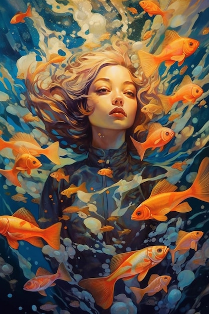Una pintura de una mujer en un traje de buceo rodeada de peces dorados generativos ai