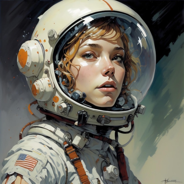 Una pintura de una mujer con un traje espacial con la palabra "en él"