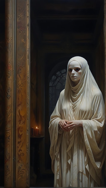 una pintura de una mujer en una túnica blanca con una cara blanca