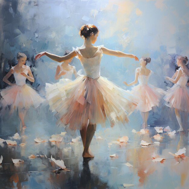 pintura de una mujer en un tutu bailando con otros bailarines generativo ai