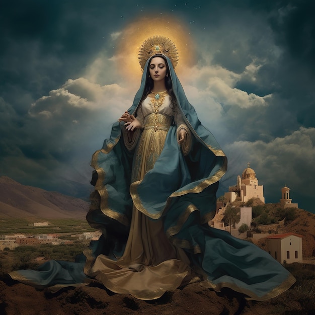 Una pintura de una mujer con un vestido azul y adornos dorados y la palabra la palabra en ella