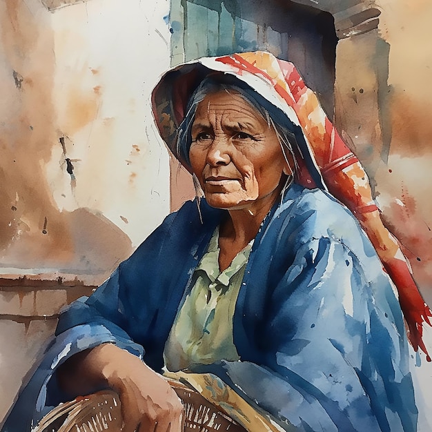 Una pintura de una mujer con un vestido azul y un sombrero rojo.