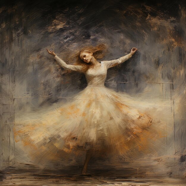 una pintura de una mujer con un vestido blanco y las palabras bailan sobre él