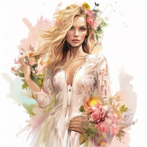 pintura de una mujer con un vestido blanco sosteniendo un ramo de flores ai generativo