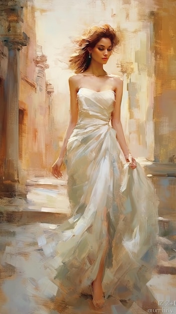 Una pintura de una mujer con un vestido blanco.