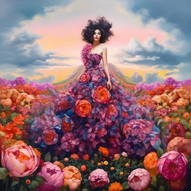 Una pintura de una mujer con un vestido de flores con la palabra flor en él.