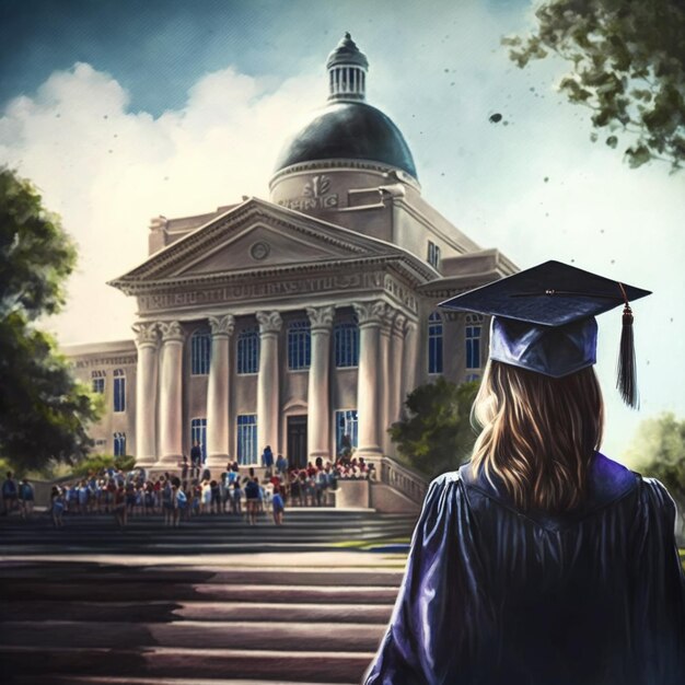 pintura de una mujer en un vestido de graduación y gorra caminando por los escalones generativa ai