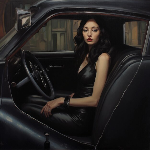 una pintura de una mujer con un vestido negro sentada en un coche.