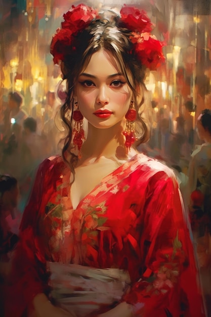 Una pintura de una mujer con un vestido rojo y flores en la cabeza.