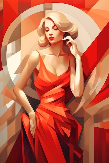 Una pintura de una mujer con un vestido rojo con la palabra amor.