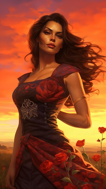 Una pintura de una mujer con un vestido con una rosa roja.