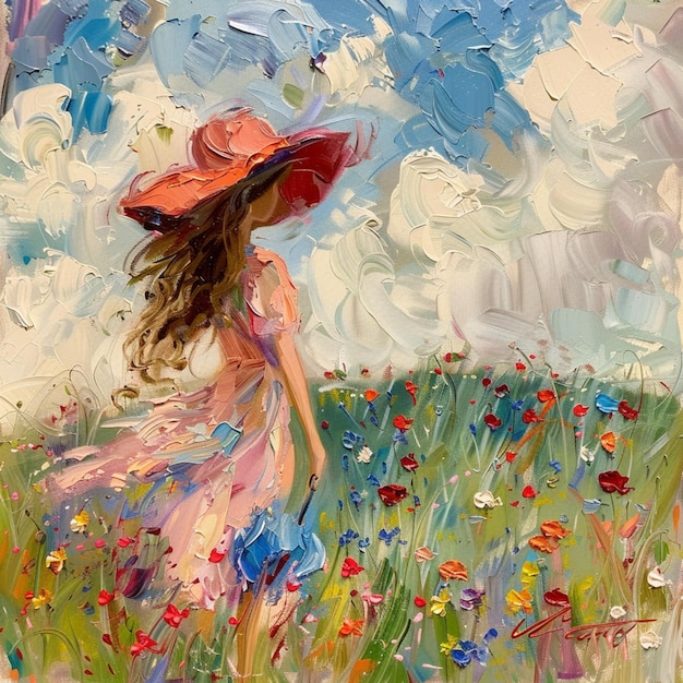 una pintura de una mujer en un vestido rosa y un sombrero con flores en el fondo