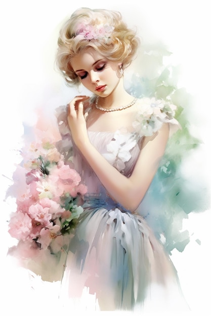 pintura de una mujer con un vestido sosteniendo un ramo de flores ai generativo
