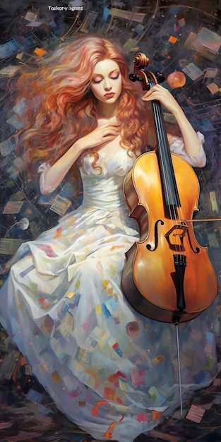 Una pintura de una mujer con un violonchelo