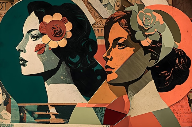 Una pintura de mujeres con flores en la cabeza.