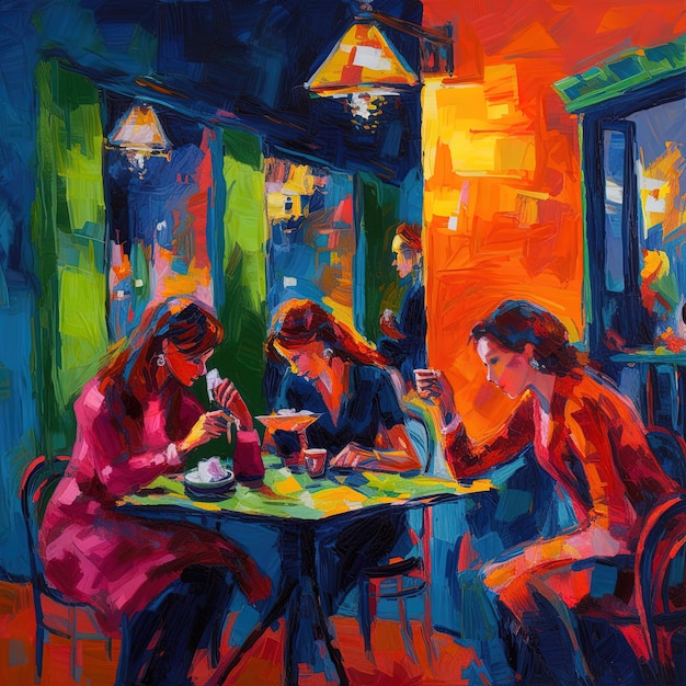 Una pintura de mujeres sentadas en una mesa con un fondo rojo.