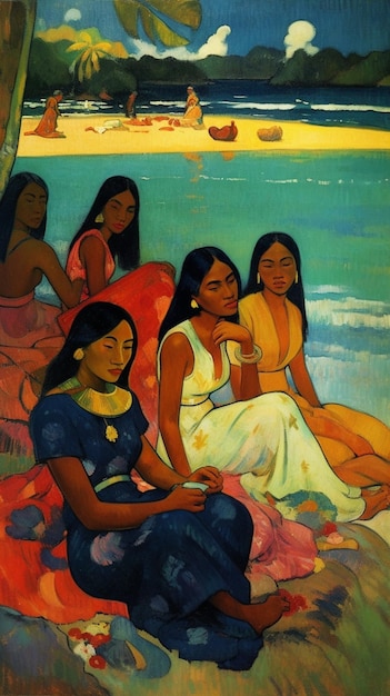 Una pintura de mujeres sentadas en una playa con las palabras "la palabra" en la parte inferior.