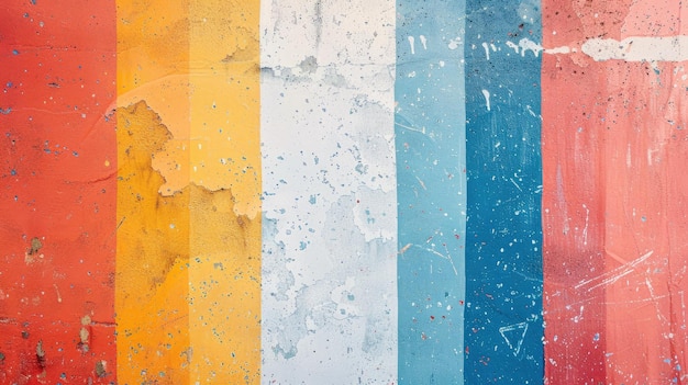 Pintura multicolor desgastada en una pared de textura áspera con grietas y astillas visibles