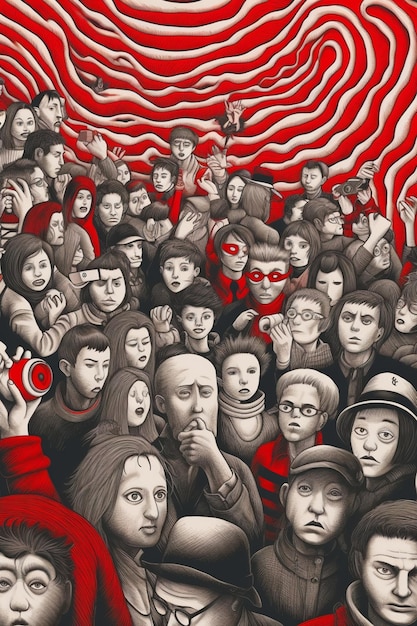 Una pintura de una multitud con un fondo rojo y negro que dice 'yo soy el rojo'