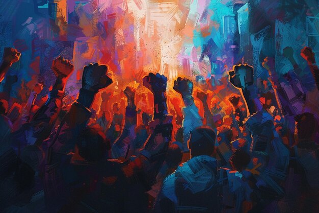 Foto una pintura de una multitud de personas con los brazos levantados en el aire