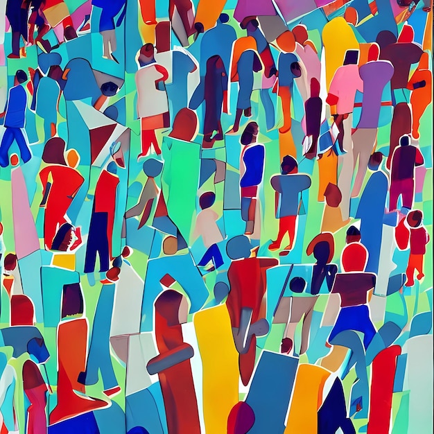 Una pintura de una multitud de personas en una ciudad.