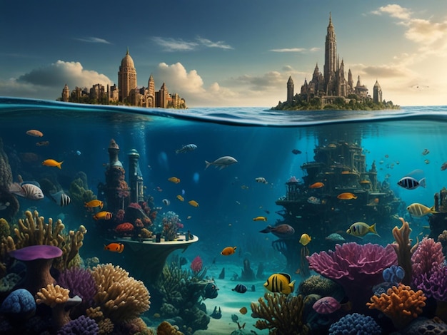 una pintura de un mundo submarino con una gran cantidad de peces y corales