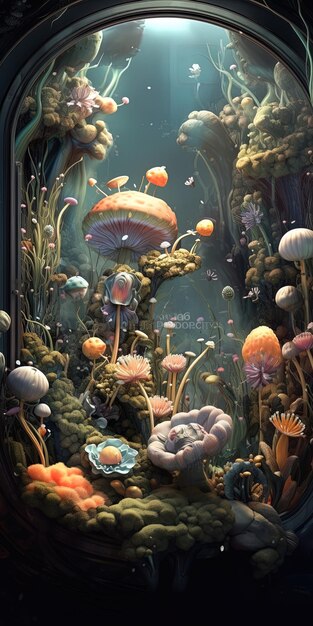 una pintura de un mundo submarino con una medusa y un pez