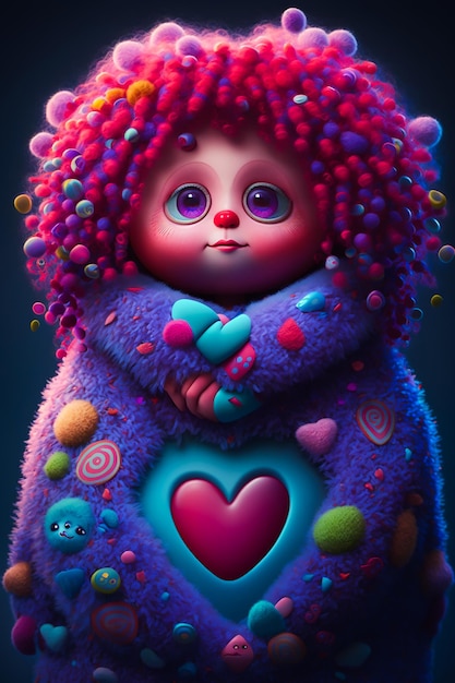 Una pintura de una muñeca con un corazón en ella.