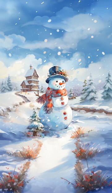 pintura de un muñeco de nieve en un paisaje nevado con una casa en el fondo generativo ai