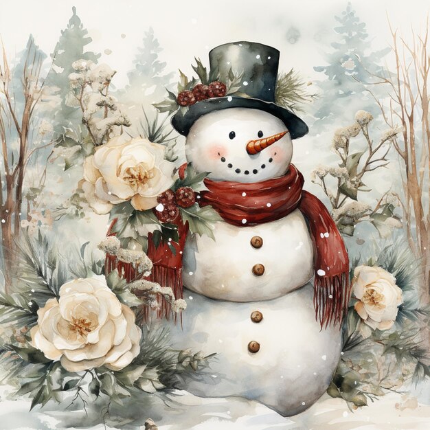 pintura de un muñeco de nieve con un sombrero de copa y bufanda en la nieve generativo ai