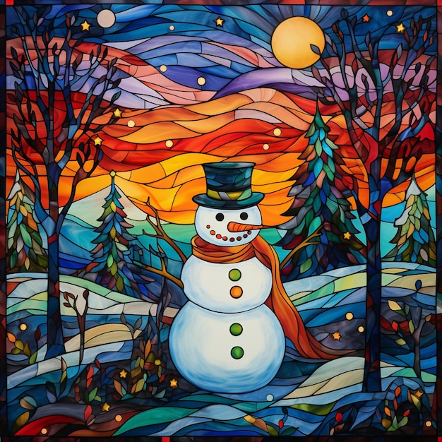 Pintura de un muñeco de nieve en una vidriera con una puesta de sol en el fondo